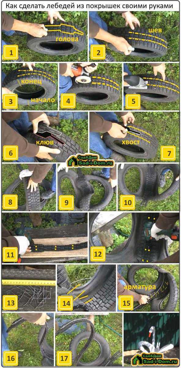 Как вырезать лебедя из покрышки: пошаговая инструкция и мастер класс правильно с подробными фото