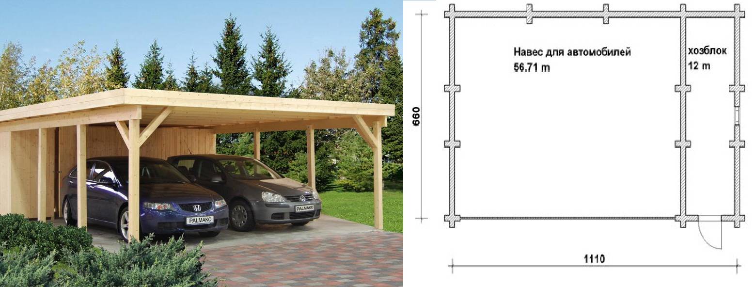 Проект хозблока с навесом на 2 машины