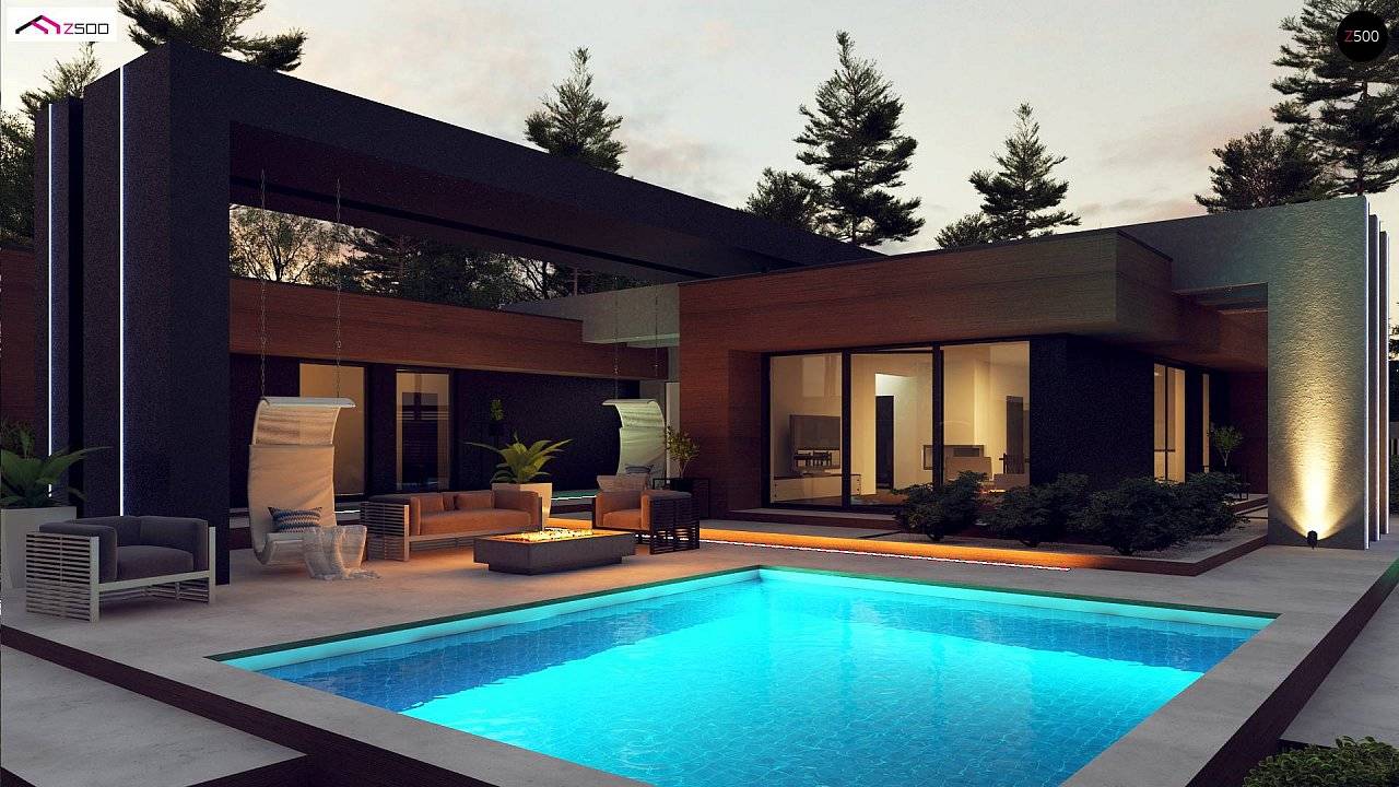 Современный дом с бассейном. роскошные проекты домов с бассейном и гаражом. простое здание из кирпича